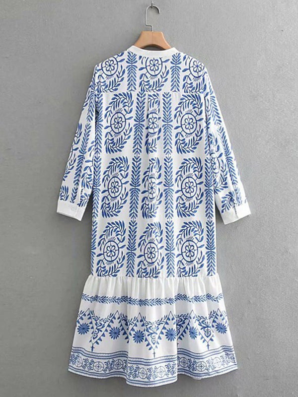 Long Sleeves Loose Leaves Print Printed Stand Collar Midi Dresses