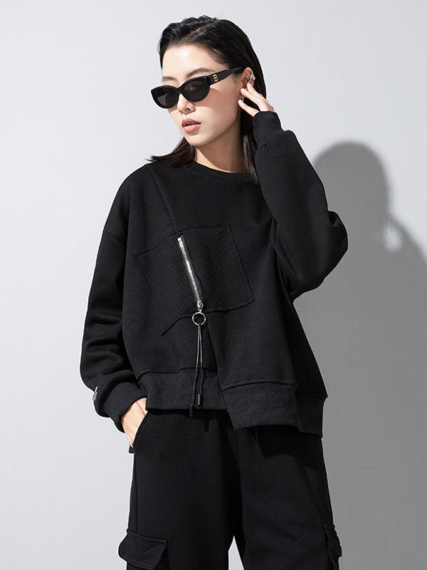 Casual Loose Long Sleeves Asymmetric Solid Color Zipper Round-Neck Sweatshirt Tops