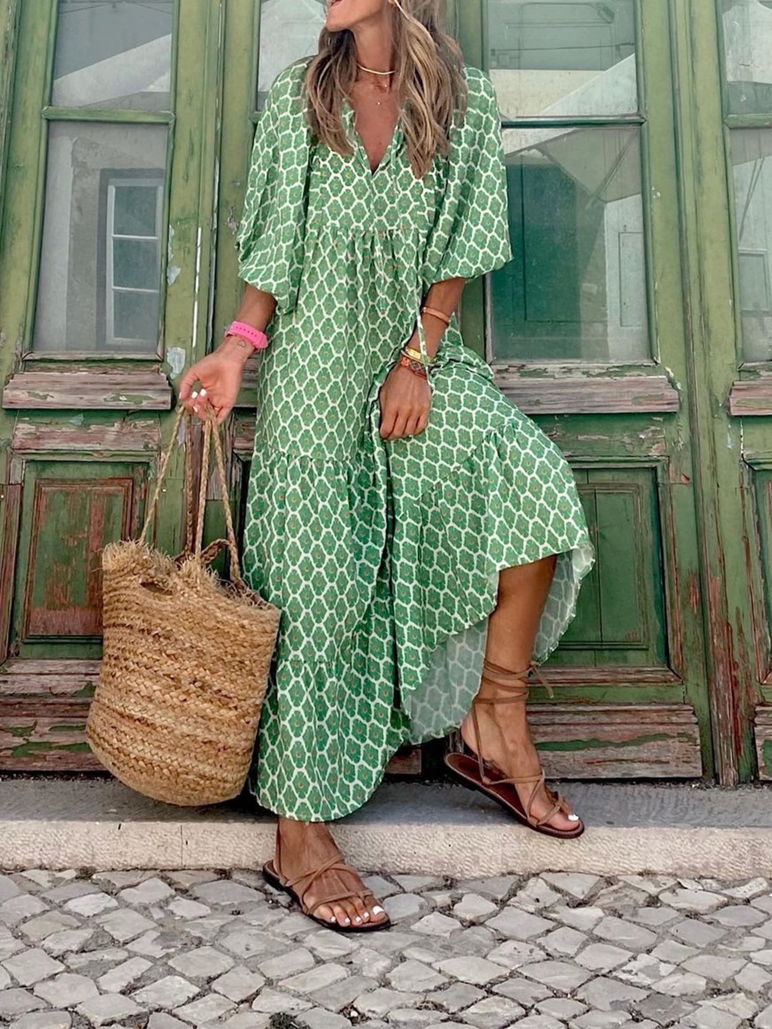 2024 Loose V-neck Puff Sleeve Printed High Waist Maxi Dress (Buy 2 Free Shipping)