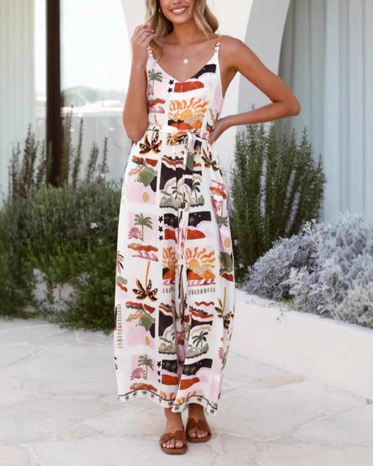 Graffiti-Print V-Neck Strap Wide-Leg Pants