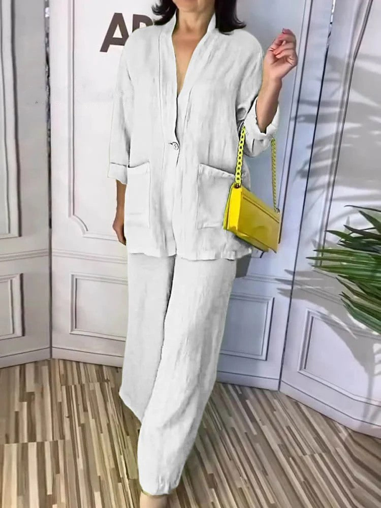 Solid Color V-Neck Top Two-Piece Pants Set