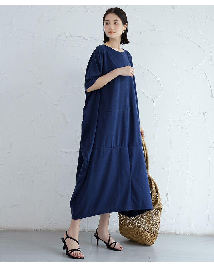 Loose Solid Round Neck Bat Sleeve Maxi Dress With Pocket