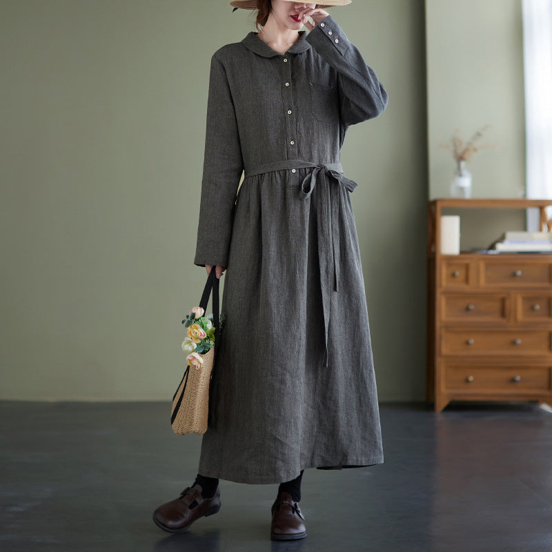 Retro Solid Color Long Sleeve Maxi Dress