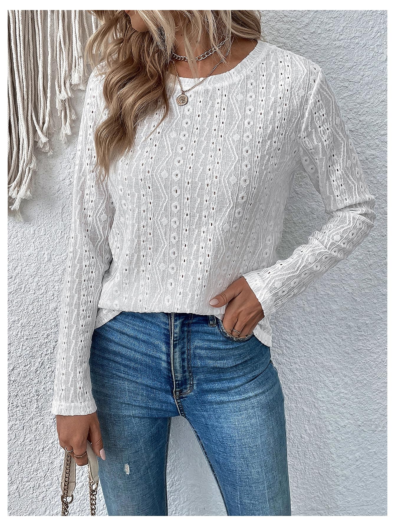 SweatyRocks Women's Eyelet Embroidery Long Sleeve Eyelet Tops