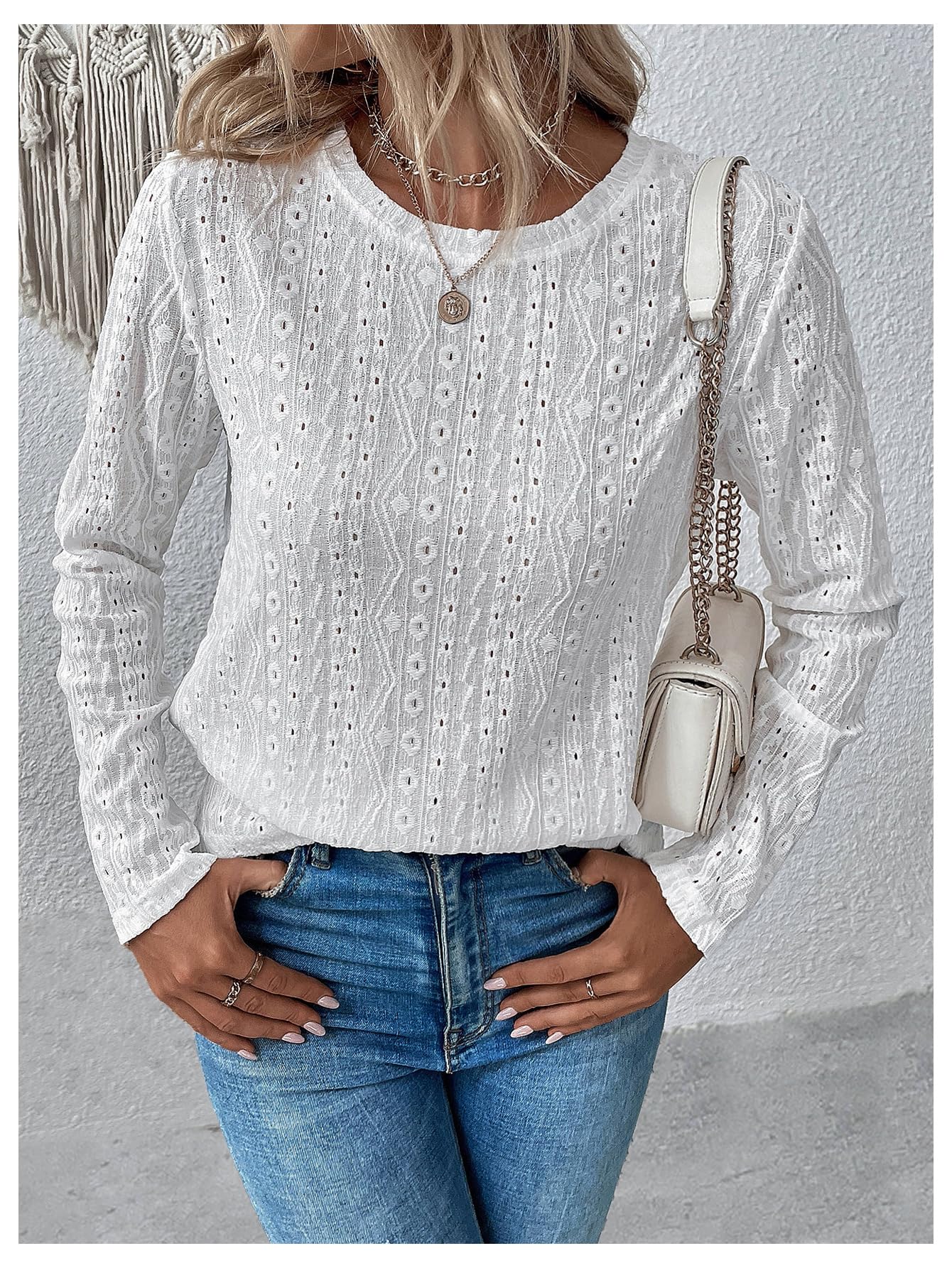 SweatyRocks Women's Eyelet Embroidery Long Sleeve Eyelet Tops