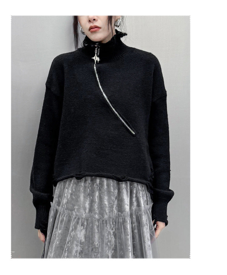 Simple Slant Zipper Turtleneck Sweater