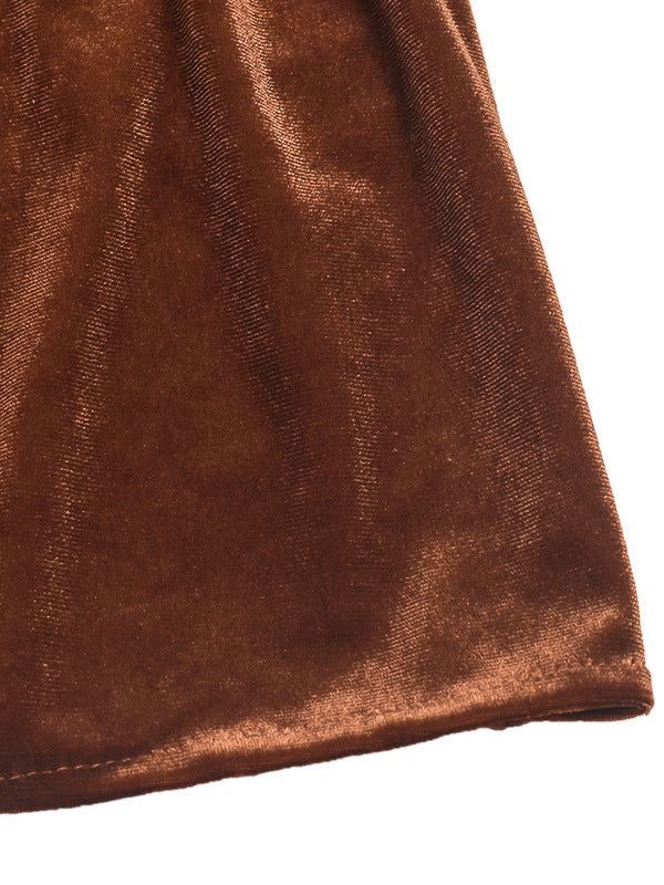 A-Line Long Sleeves Pleated Solid Color Split-Joint Velvet Mock Neck Mini Dresses