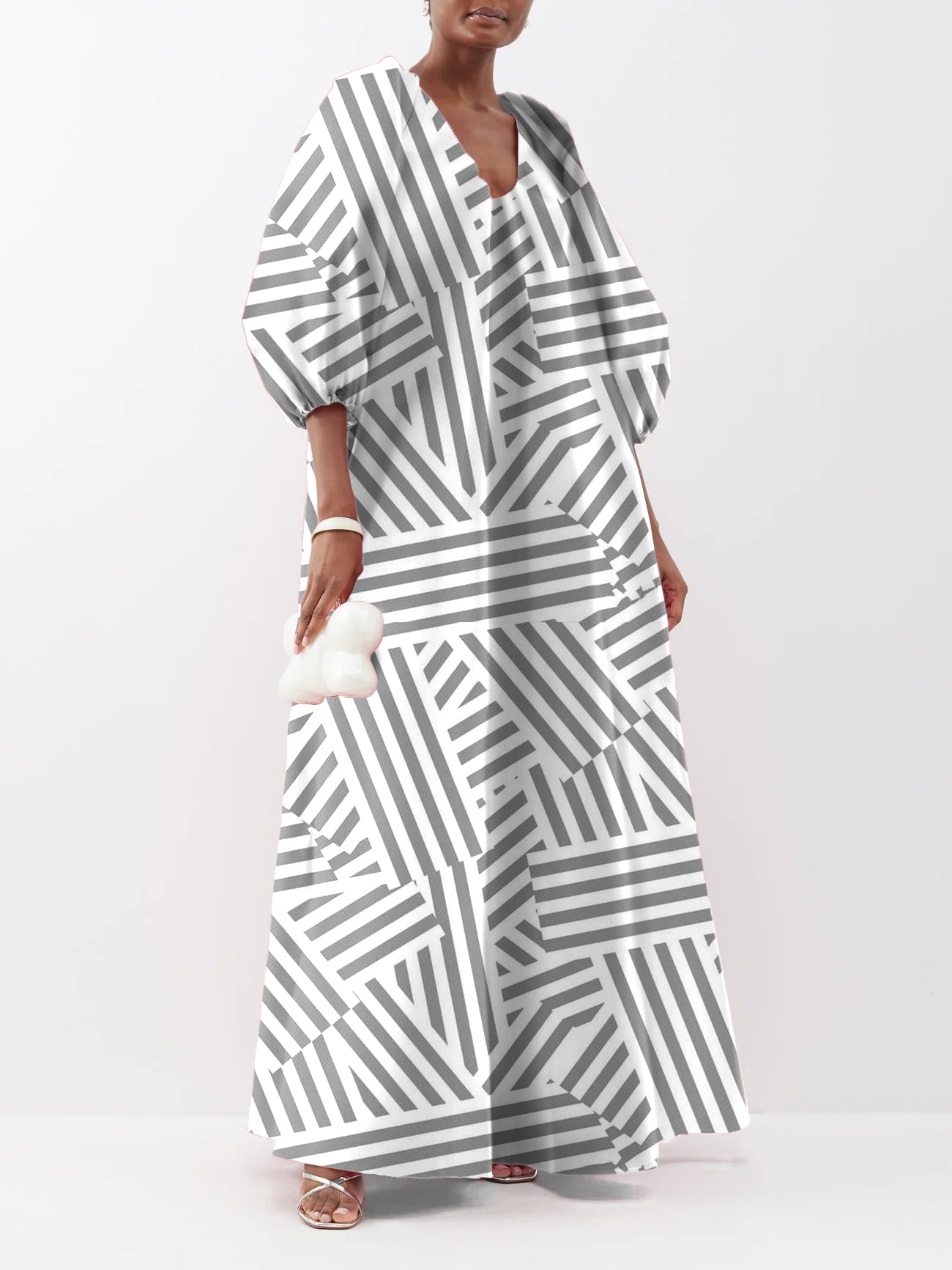 Irregular Stripe Printing V-Neck Puffy Sleeves Loose Maxi Dress