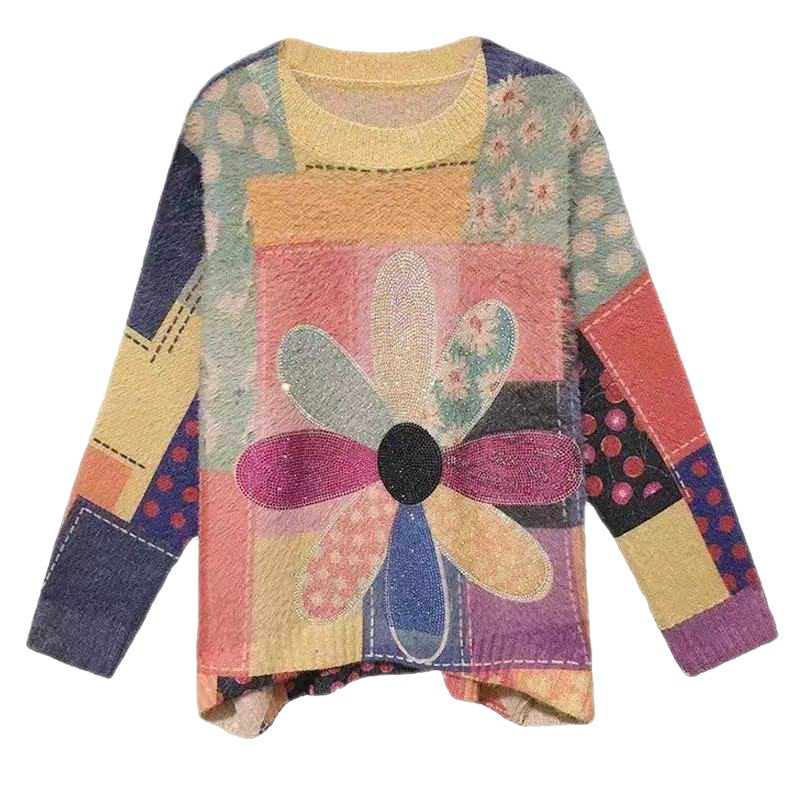 Colorful Flower Knit Round Neck Sweater