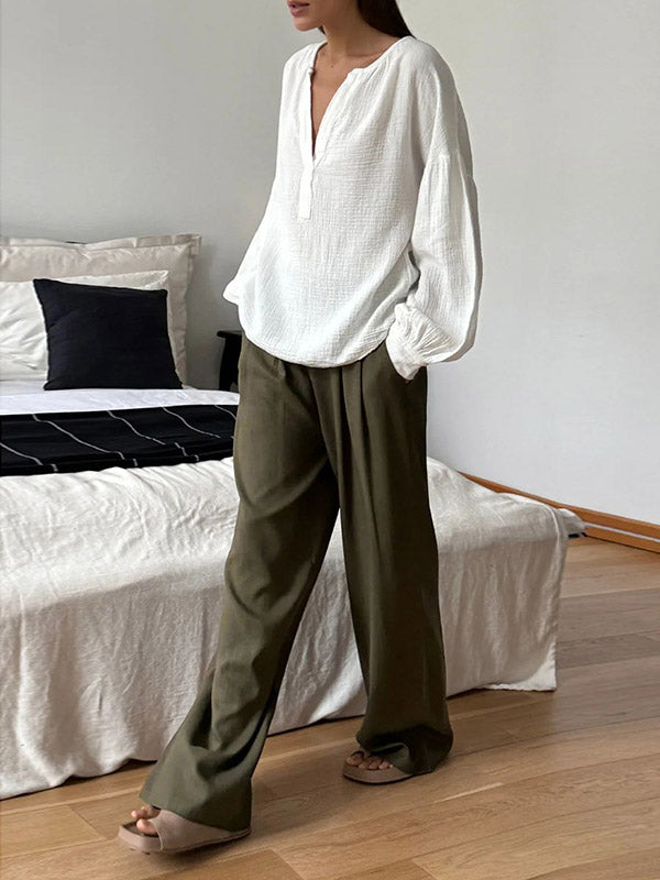 Loose Puff Sleeves Pleated Solid Color Split-Joint V-Neck Blouses&Shirts Tops