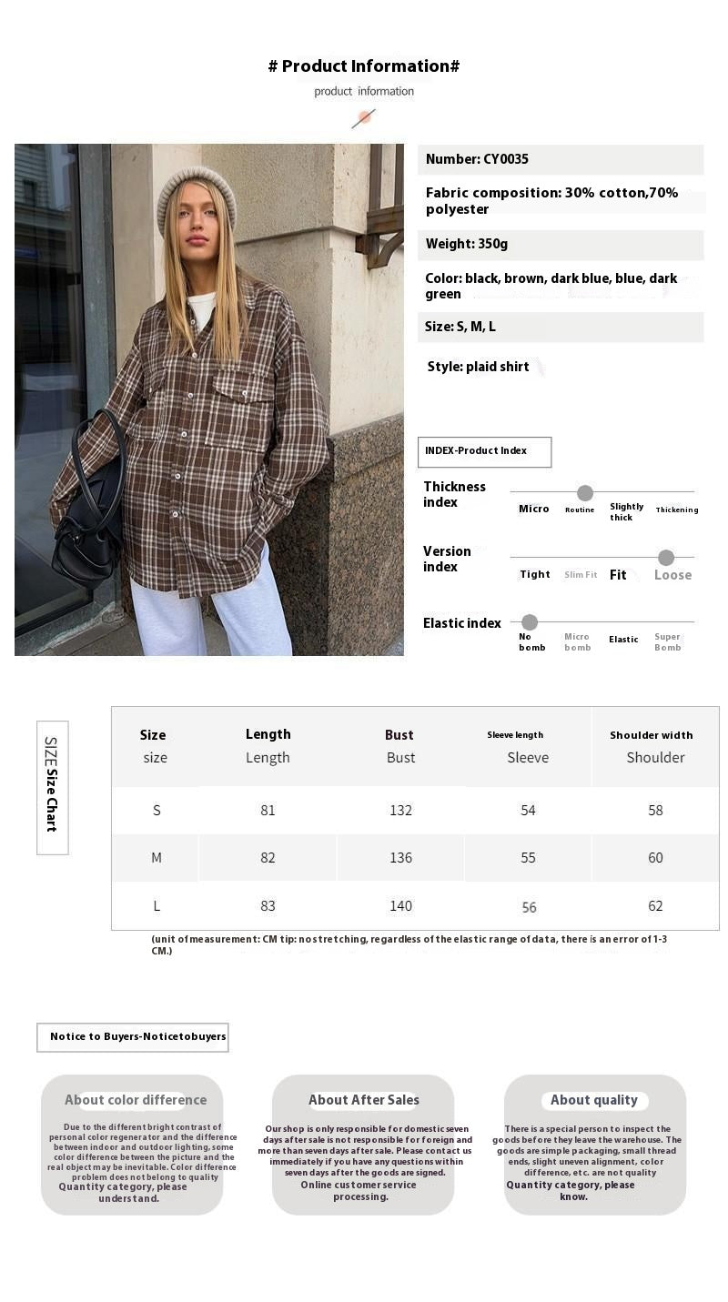 Plaid Shirt women's autumn retro double pocket striped mid-length shirt