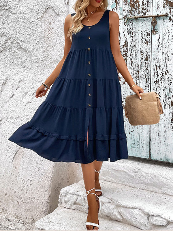 Loose Sleeveless Buttoned Solid Color Tiered Round-neck Midi Dresses