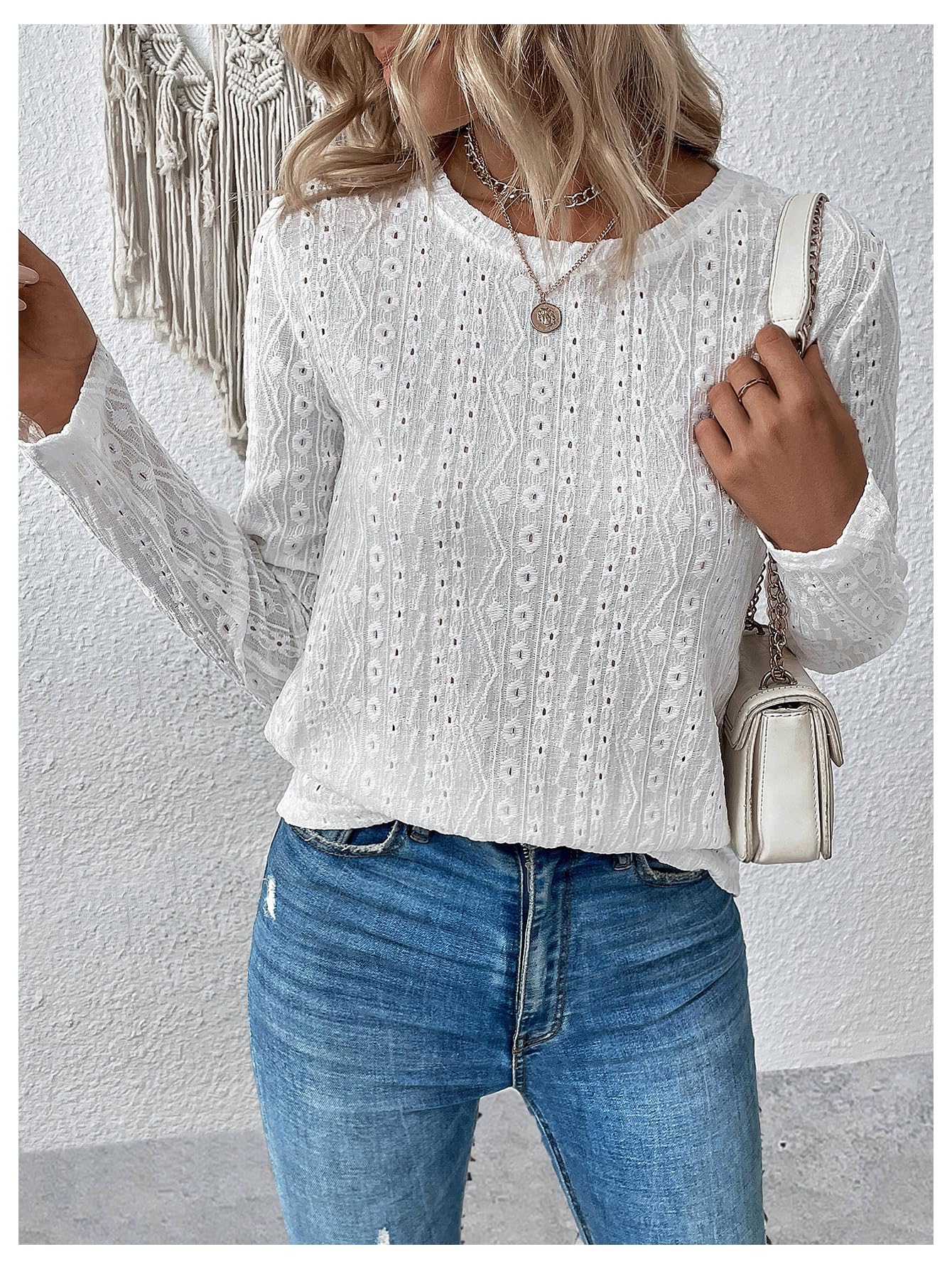 SweatyRocks Women's Eyelet Embroidery Long Sleeve Eyelet Tops