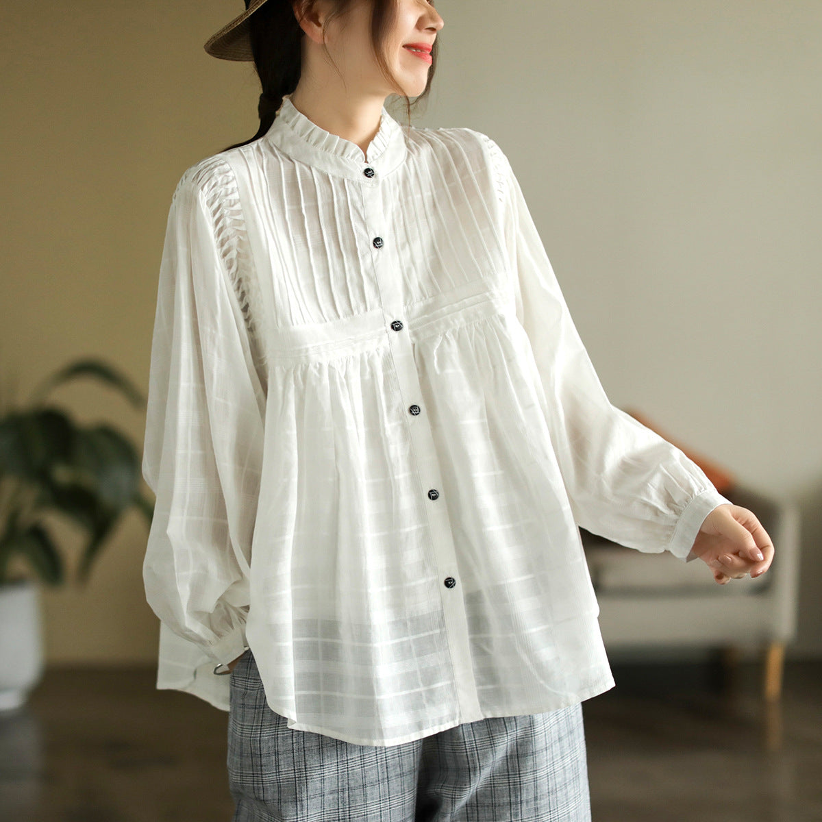 Literary Splicing Bubble Sleeve Cotton Shirt