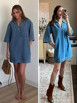 Loose Fit Deep V Lapel Half Sleeve Straight Denim Dress With Pockets (Buy 2 Free Shipping)