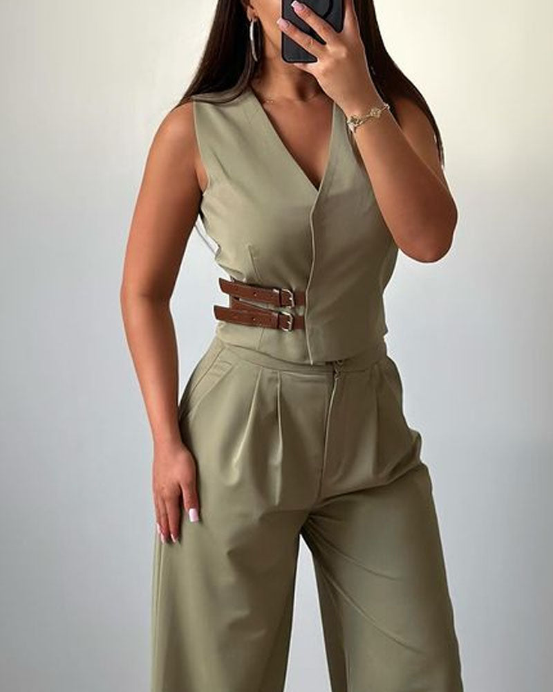 Fashion V-Neck Vest & Pants Two-Piece Set