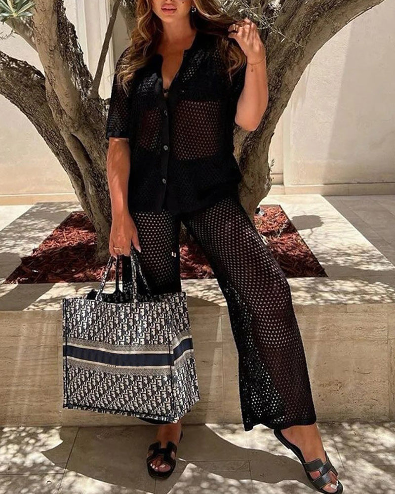 Hollow-out Wool Pants Short-sleeved Shirt Suit