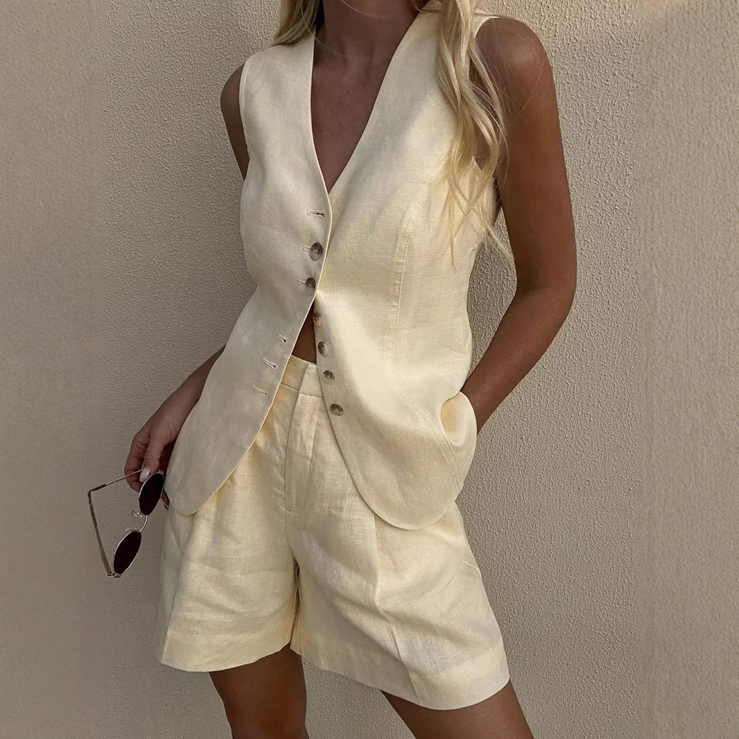 Fashion Solid Color Vest & Shorts Casual Suit
