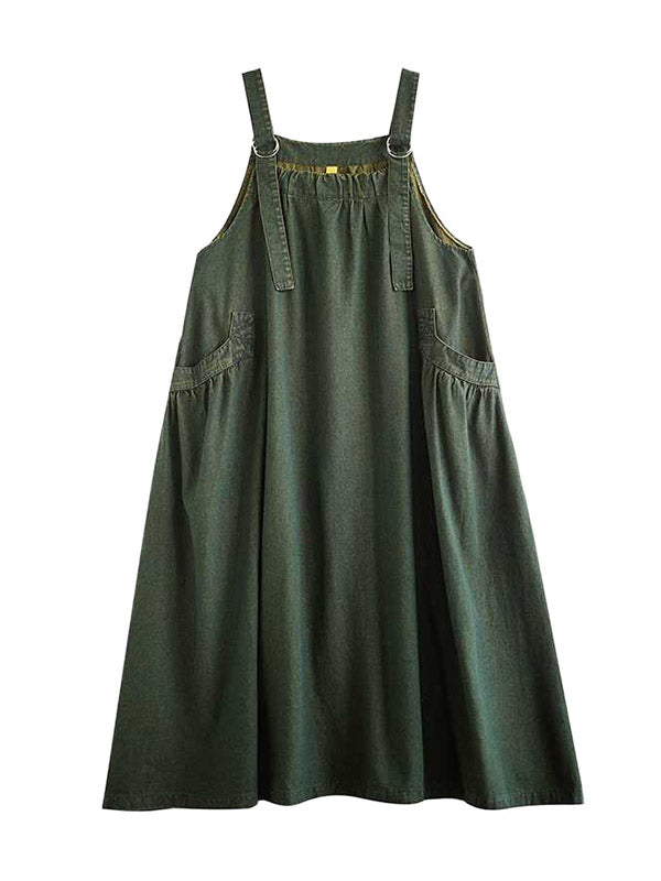 A-Line Loose Pleated Pockets Solid Color Split-Joint Spaghetti-Neck Suspender Dress