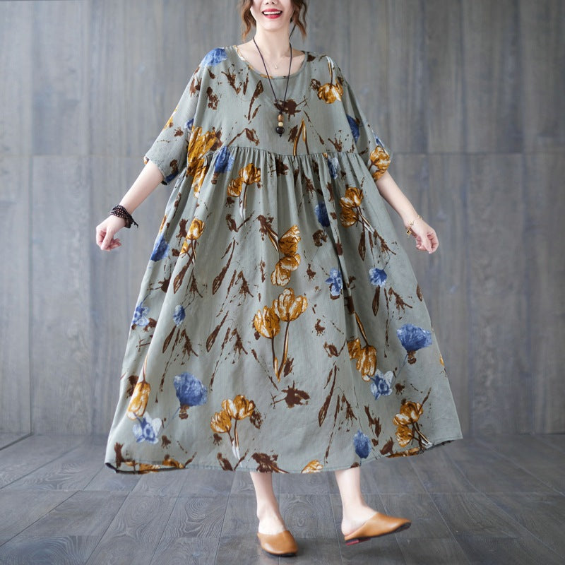 Literary Floral Print Short Sleeve Midi Dress