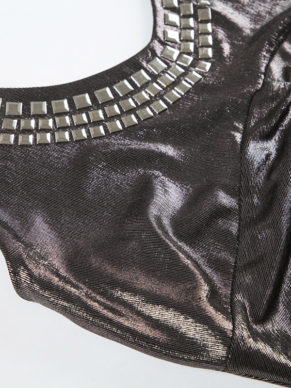 Skinny Sleeveless Backless Pleated Rhine Stones Tied Halter-Neck Vest Top