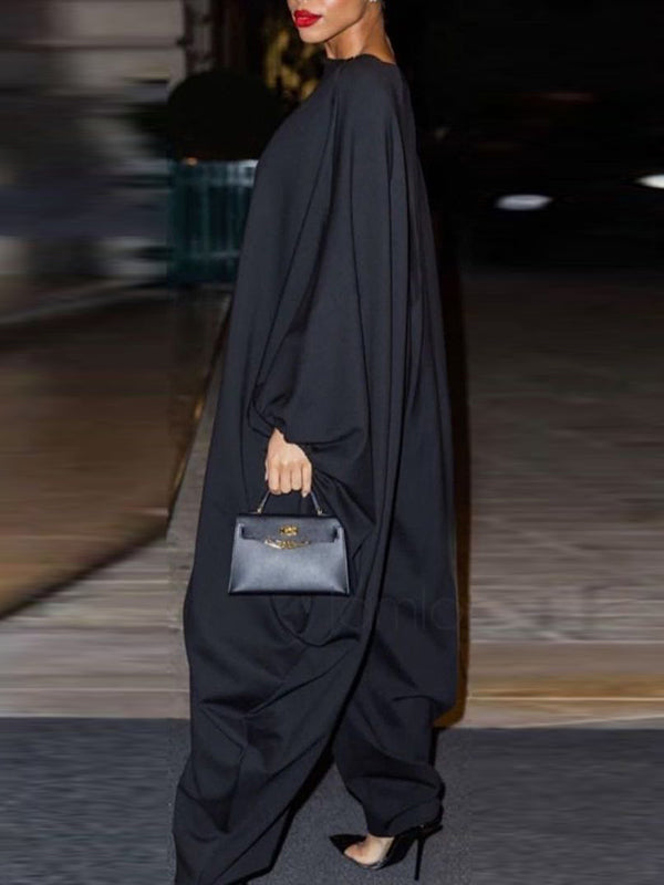 Batwing Sleeves Loose Mesh Solid Color Split-Joint Jumpsuits