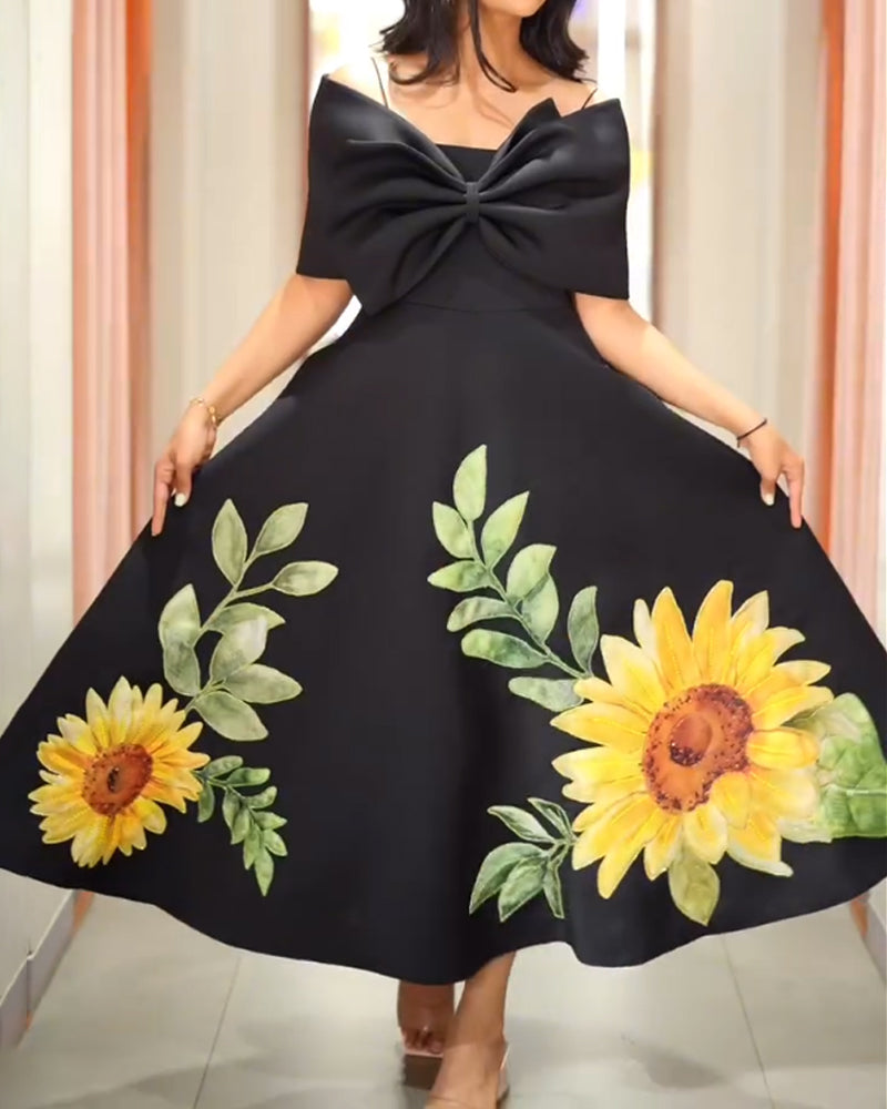 Elegant Sunflower Shoulder Two Wear Method Dress