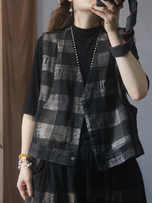 Vintage Plaid Letter Print Jean Pants Bottoms Vest Top Two Pieces Set