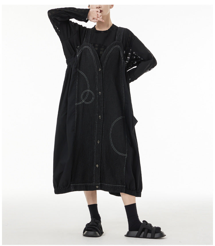Vintage Splicing Denim Suspender Midi Dress