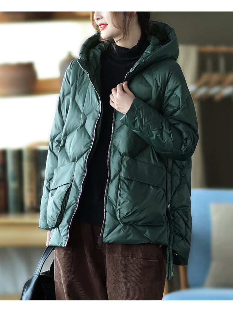 Loose Splicing Hooded Long Sleeve Thickened Down Jacket