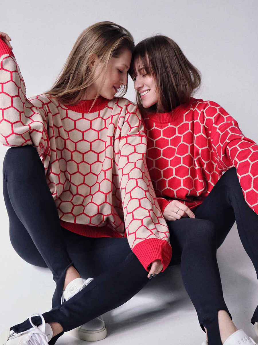 Round neck honey sweater autumn and winter loose plaid pullover round neck knitted women's top