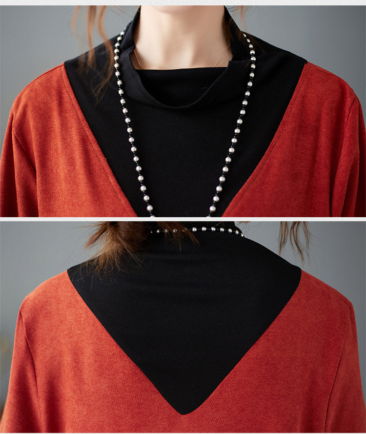 Literary Splicing Knit High Collar Midi Dress