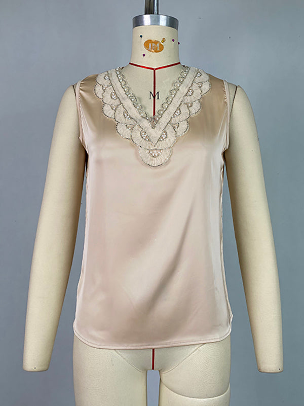 Loose Plus Size Beaded Split-Joint V-Neck Vest Top