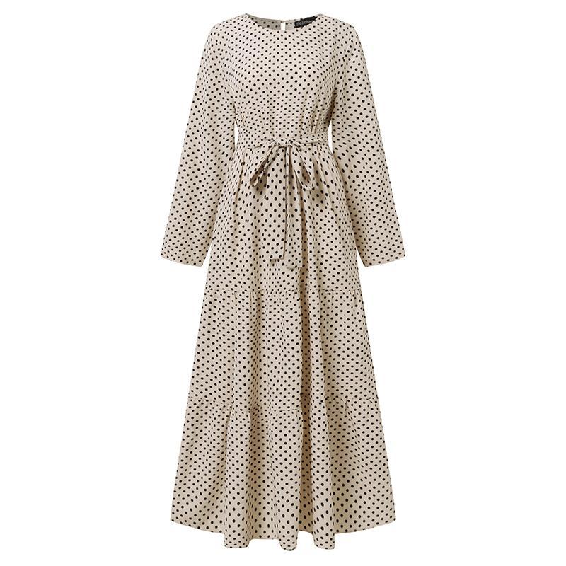 Vintage Polka-Dot Long Sleeve Round Neck Maxi Dress