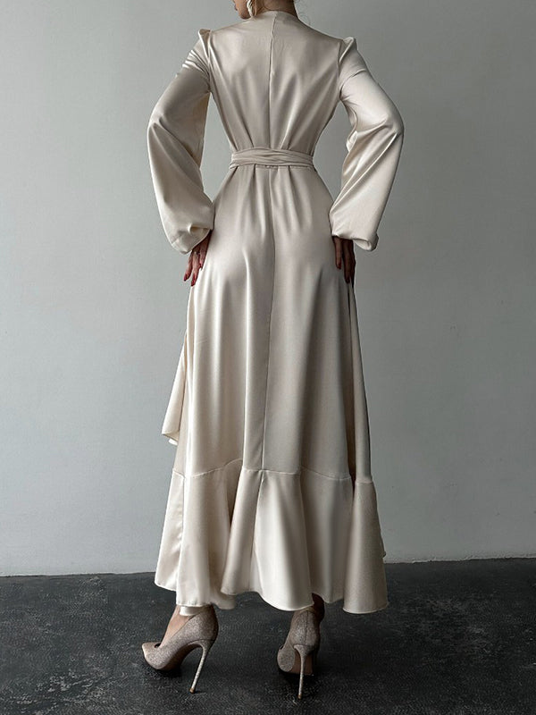 Loose Puff Sleeves Asymmetric Pleated Solid Color Split-Joint Tied Waist V-Neck Maxi Dresses Shirt Dress