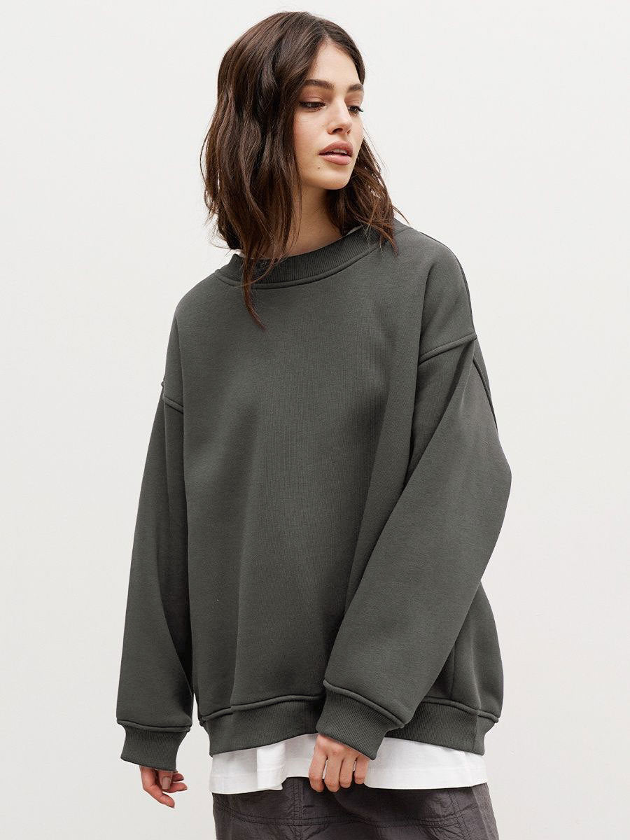 Round neck loose sweatshirt women's autumn winter Street solid color Oversize polar fleece pullover top