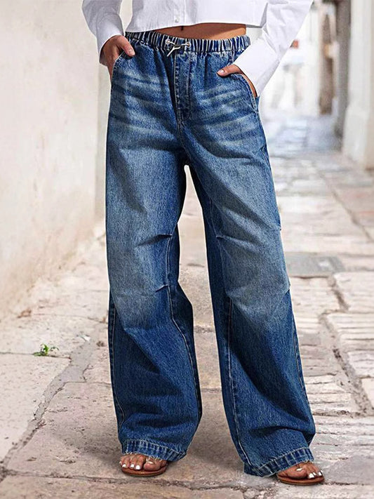 High Waisted Loose Drawstring Elasticity Gradient Jean Pants Bottoms