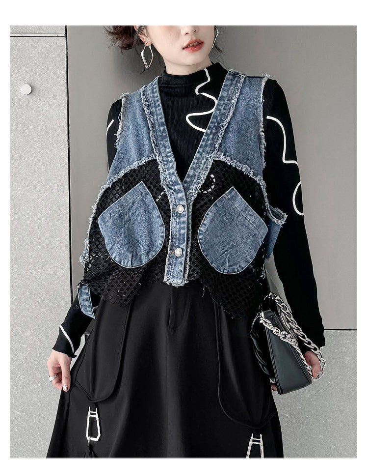 Vintage Mesh Splicing Denim Vest
