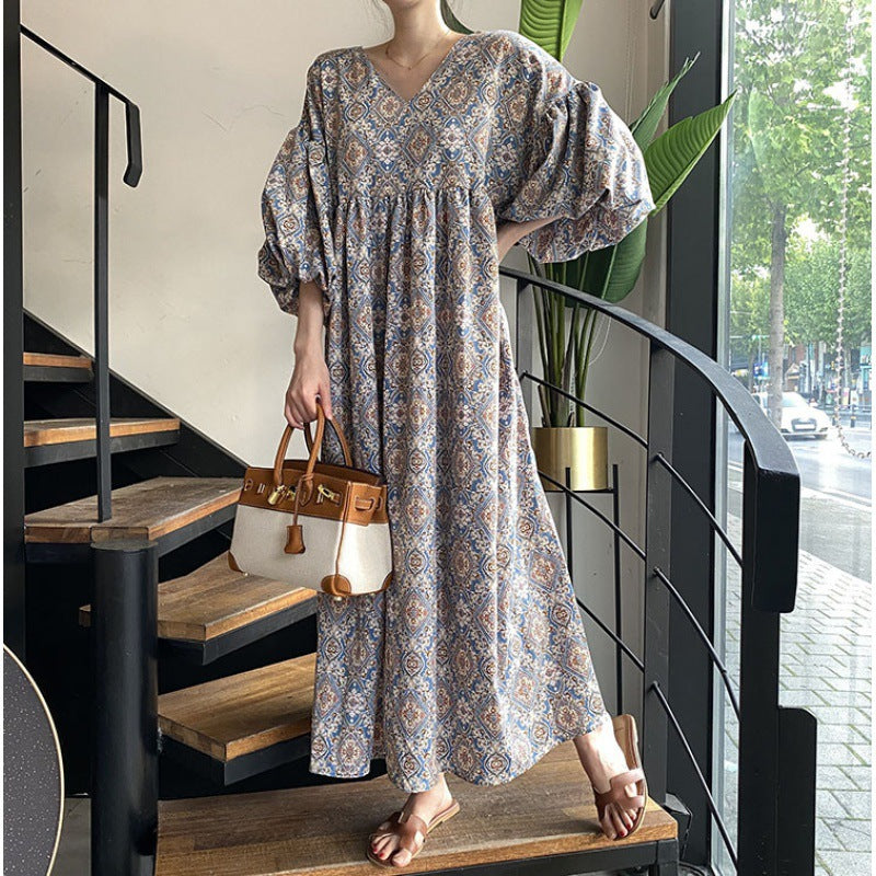Ethnic Style Floral V-Neck Lantern Sleeve Midi Dress