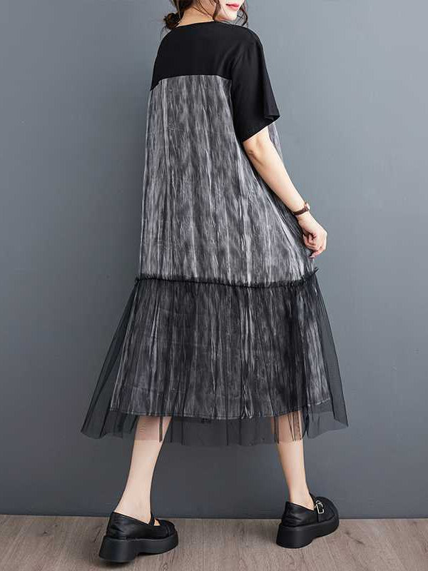 Literary Mesh Splicing Short Sleeve Midi Dress