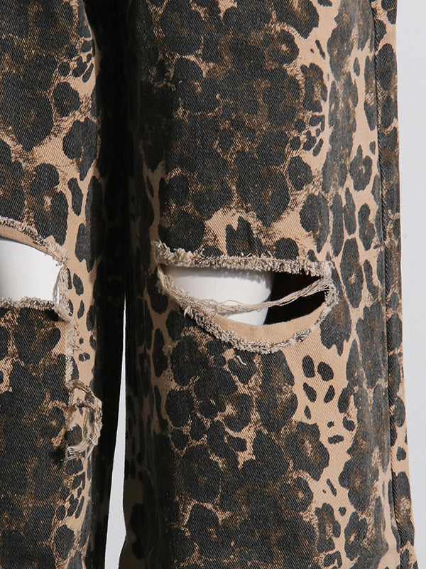 High Waisted Loose Leopard Printed Ripped Split-Joint Jean Pants Bottoms