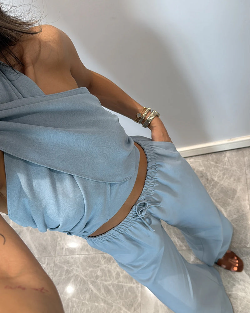 Casual Solid Color Lace-Up Top & Pants Two-Piece Set