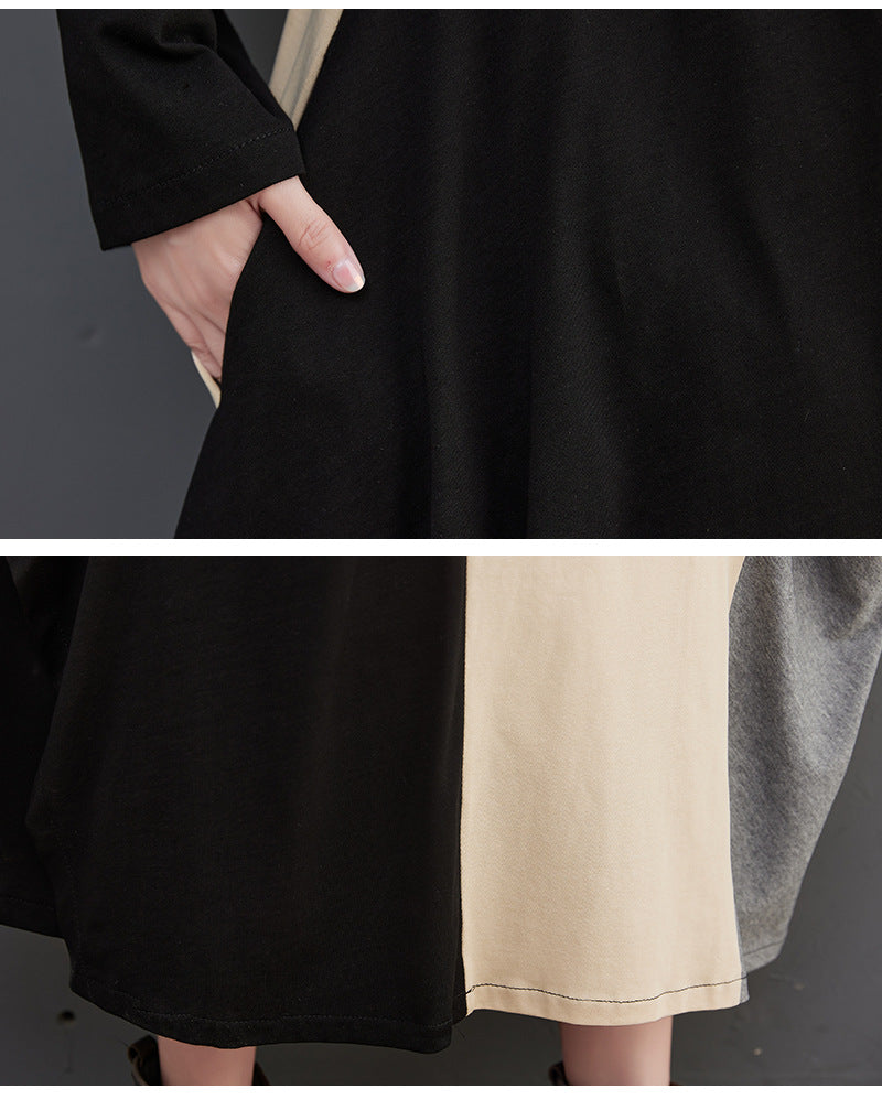 Loose Color Blocking Splicing Round Neck Midi Dress