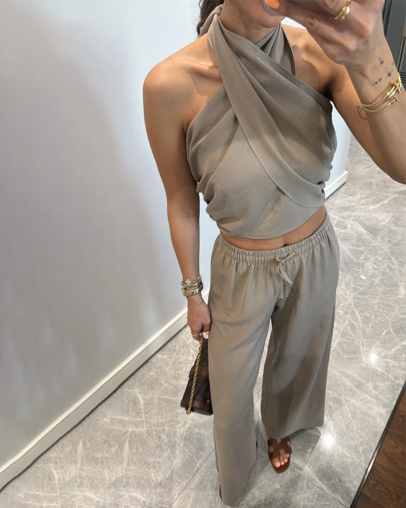 Casual Solid Color Lace-Up Top & Pants Two-Piece Set