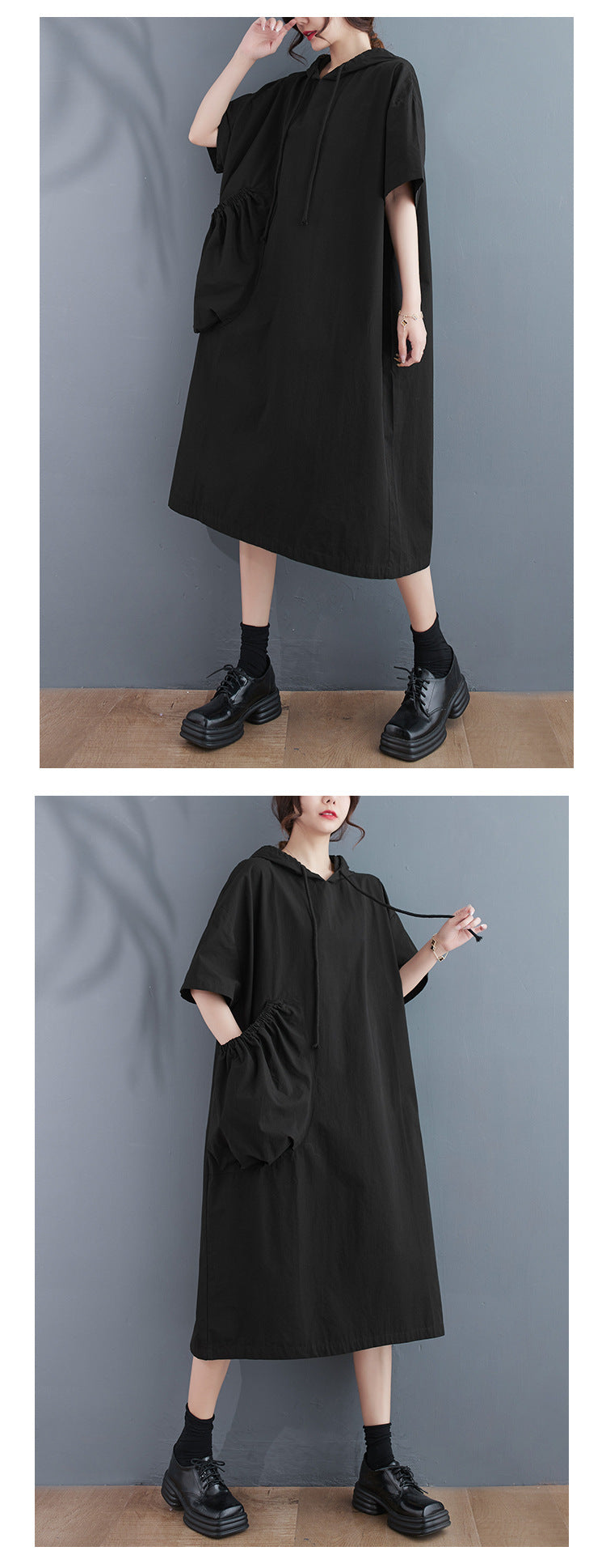 Loose Hooded Short Sleeve Midi Dress