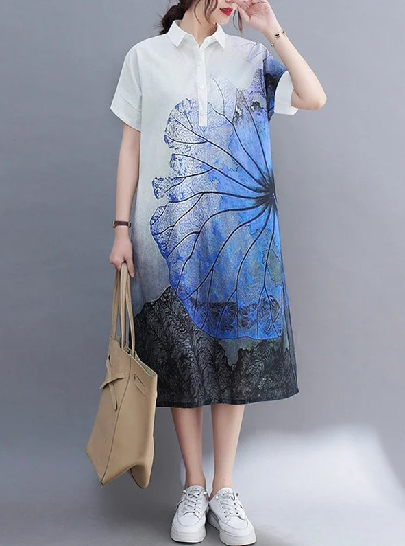 Literary Vintage Printing Button-Down Lapel Short-Sleeved Shirt Midi Dress