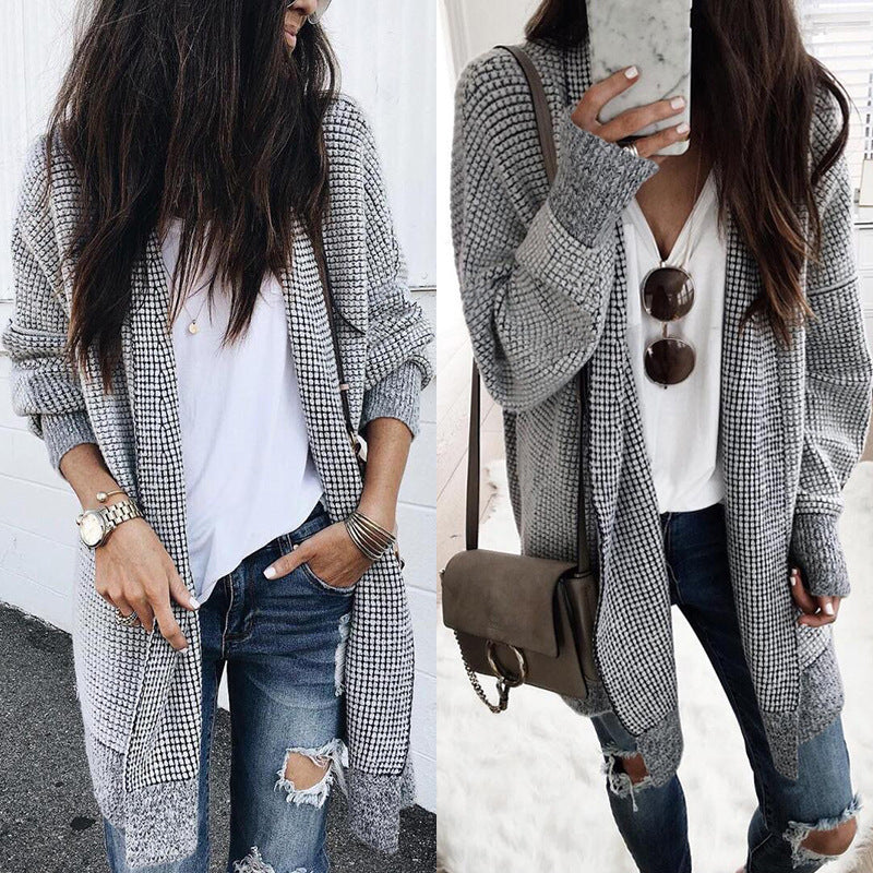 New autumn and winter sweaters women's plaid woolen cardigan coat