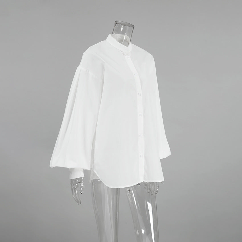 Minimalist Solid Color Lantern Sleeve Lapel Shirt
