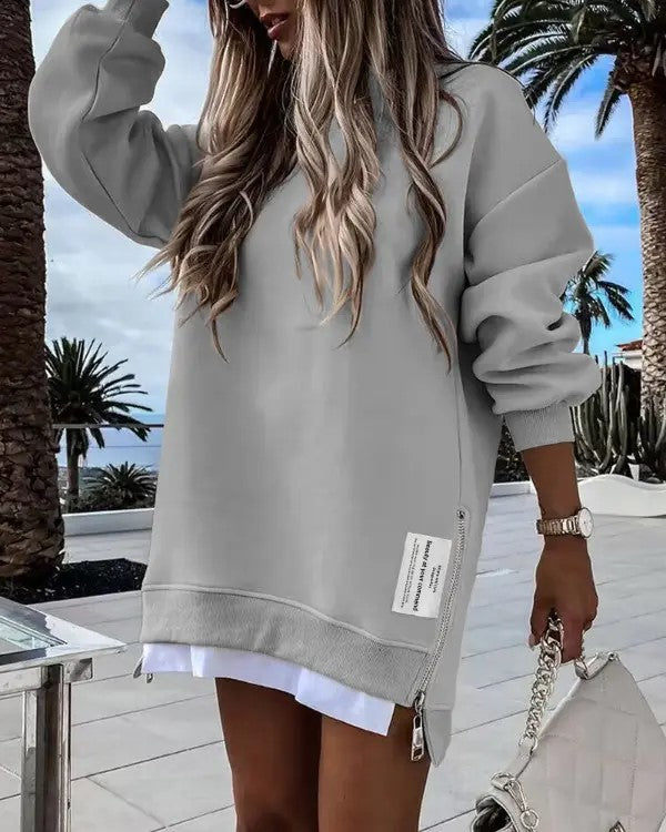 Oversized Zippered Side Slit Ribbed Sweatshirt Dress【Buy Two Free Shipping】