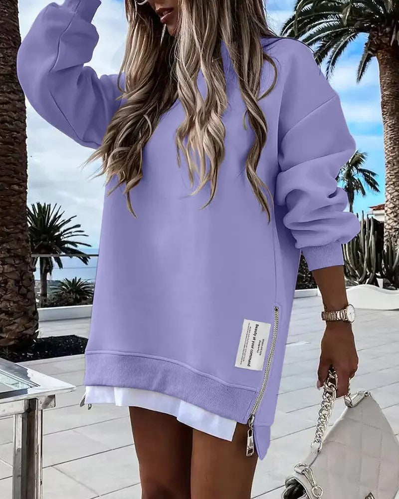 Oversized Zippered Side Slit Ribbed Sweatshirt Dress【Buy Two Free Shipping】